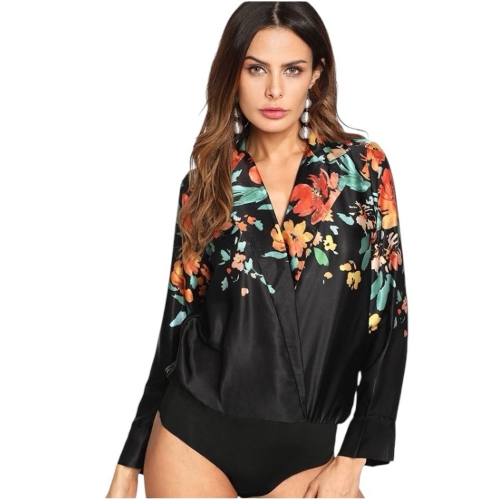 ZARA BLACK FLORAL PRINT BODYSUIT WITH LAPEL COLLAR SATIN BLOUSE WOMENS SIZE S